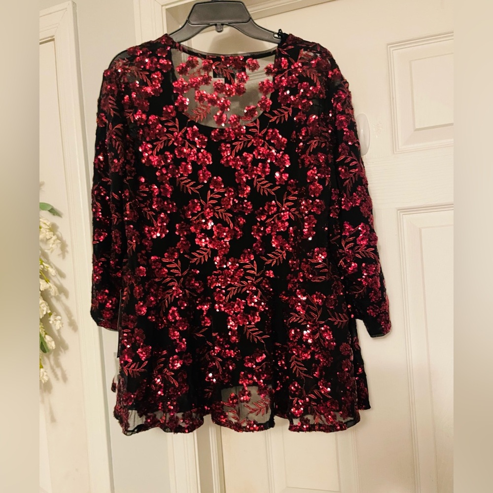 Alex Evenings Black with Red Sequin Floral Design, 2-piece tank/jacket set, 1X